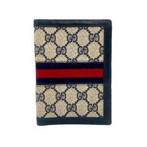 Authentic Gucci Sherry Line GG Canvas Leather Navy Bi-fold Wallet